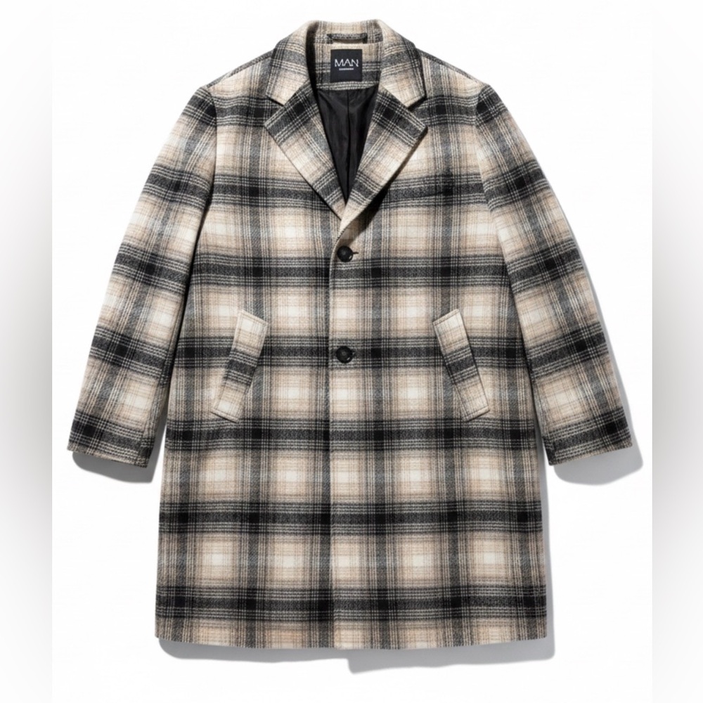 Boohoo Black and Cream Plaid Trench Coat